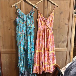 Lot of TWO! Angie Pink & Turquoise Floral Tiered Maxi Dresses, size: Large